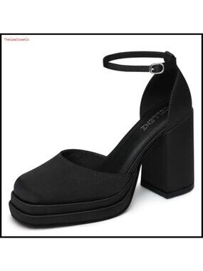 Women Chunky High Heels Platform Dress Pumps Satin Ankle Strap